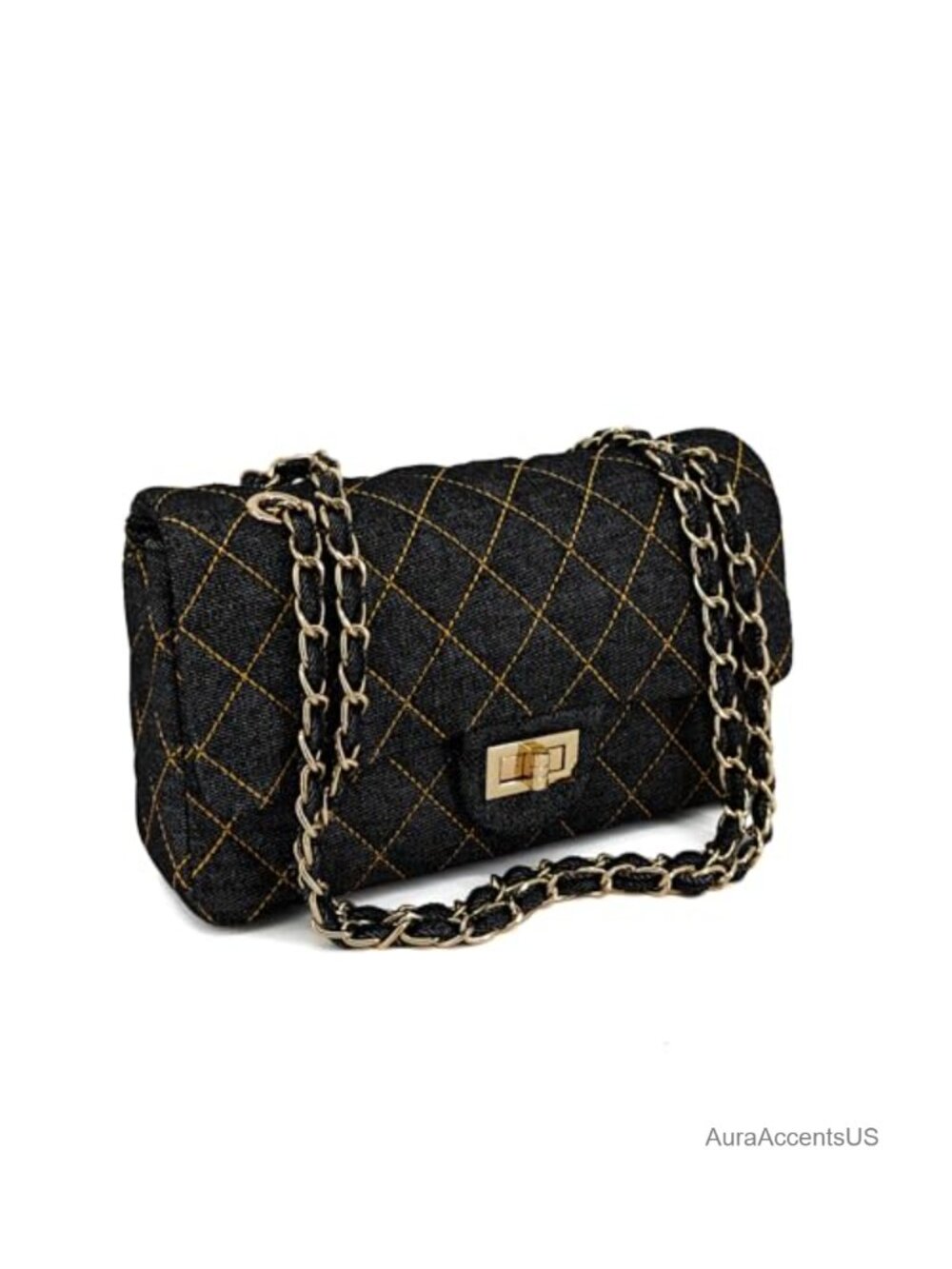 Vintage Quilted Denim Shoulder Bag with Chain Strap, Double Flap, Crossbody